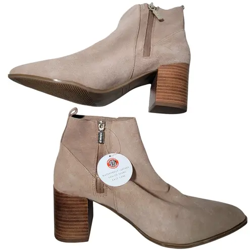 Blondo Laureece Waterproof Suede Ankle Booties Block Heel Side Zip Tan 10M