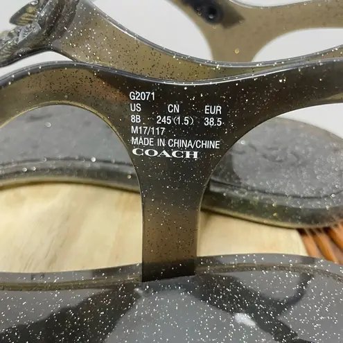 Coach  Thong JELLY SANDAL Tea Rose T-STRAP Flat Shoe BLACK & GLITTER SZ 8 Summer