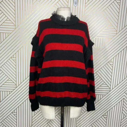 ZARA  Striped Sweater with Tulle Neck Red‎ Black Size Medium
