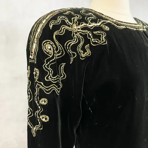 VTG 80s Le Crillon Womens Velvet Dress Size 8 Sequin Art Deco Glam Party Evening Black