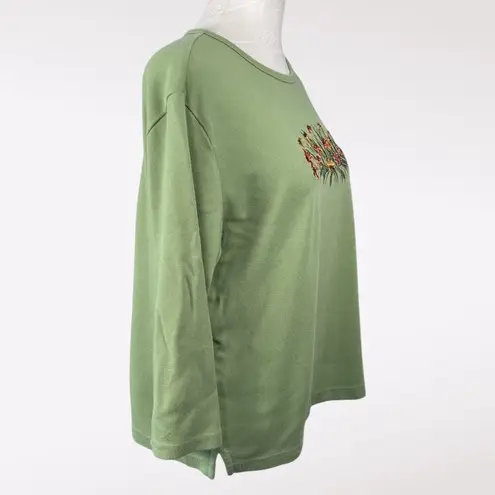 Classic Elements Green Embroidered Beaded Floral 3/4 Sleeve Top Size Large