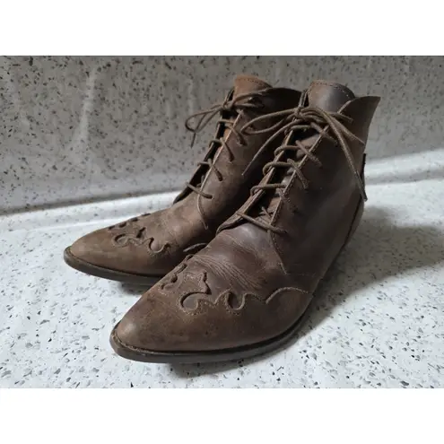 DETAILS Harris Hawk Leather Western Ankle Boots Women 6.5 Scroll Leather Spanish Brown