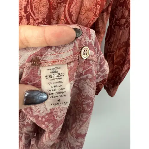 Peruvian Connection Floral Boho Tunic Dress Red Viscose Pintuck Peasant S