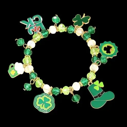 St Patricks Day Charm Bracelet Stretch Shamrocks Luck Leprechaun Hat Bee… Gold
