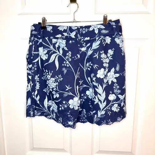 Laura Ashley Branch Toile Blue Cotton Navy Blue and White Floral Linen Shorts 8