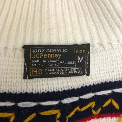 Vintage 90s JCPenney Sweater Fair Isle Ski Acrylic Mock Neck Navy Blue/White M Blue Size M