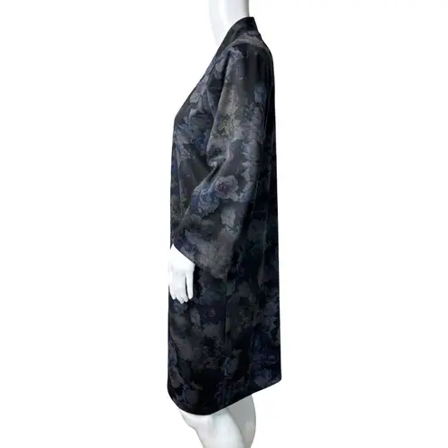 Clara Sunwoo Kimono Duster Women XS Black Floral Open Front Lagenlook Artsy Purple
