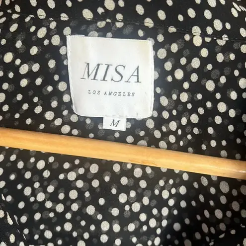 MISA Los Angeles Misa Black White Polka Dot Sheer Button Up Bell Ruffle Sleeve Hi Lo Blouse