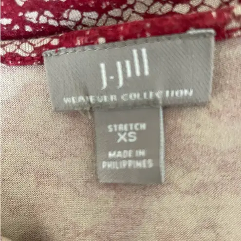 J Jill Top Women XS Rust Tan Crew Neck Long Line Tunic Lace Print Rayon Stretch Red