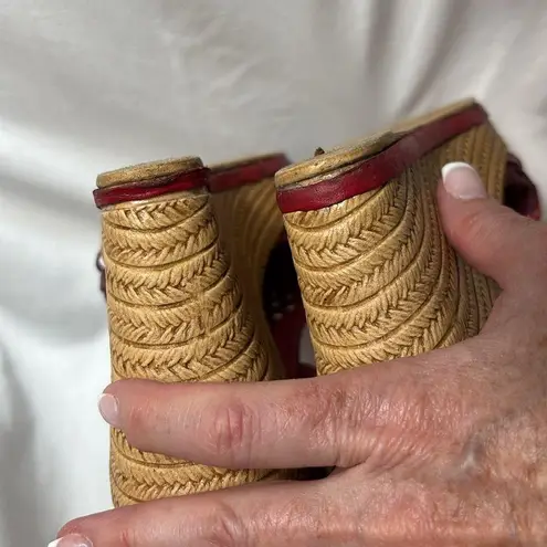 Ana Perez Mexican Leather Wedge Sandals Laser Cut, Size 9 Red