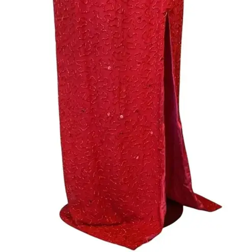 Andretta Donatello Red Gown XS Slit Mesh Beaded Detail Drama Glam Prom Pageant