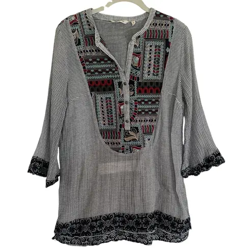 Soft Surroundings Embroidered Small Striped Tunic Top Western Aztec Boho Artsy