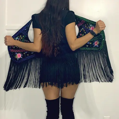 Punch vintage floral embroidered vest with fringe Multi Size M