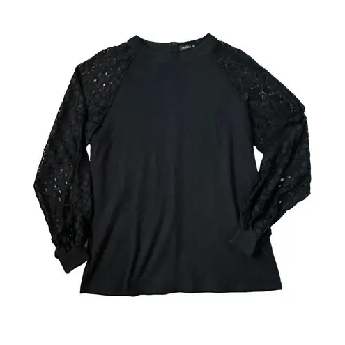 MIHOLL Lace Long Sleeve Casual Loose Top Solid Black Size Medium