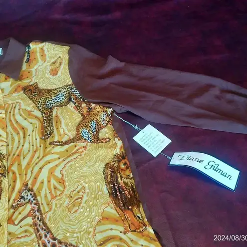 Diane Gilman 100% Silk Blouse Womens Size L Safari Long Sleeve Sequins Brown