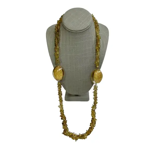 Yellow Amber Color Glass Chip Beaded Twisted Oval Gold Metallic Necklace