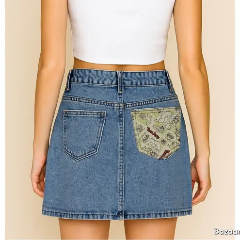 Tom & Jerry Denim Mini Skirt Medium Cartoon Patch Y2K Retro Cute Dopamine Cat Blue