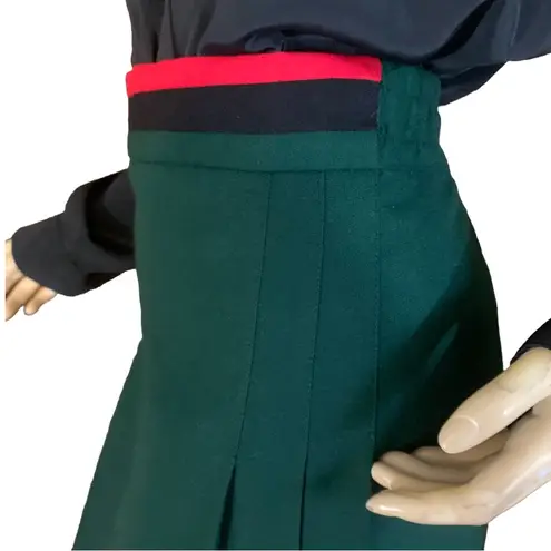 VINTAGE 1980'S GREEN W/RED & BLACK WAIST PLEATED WOOL MIDI SKIRT (16)