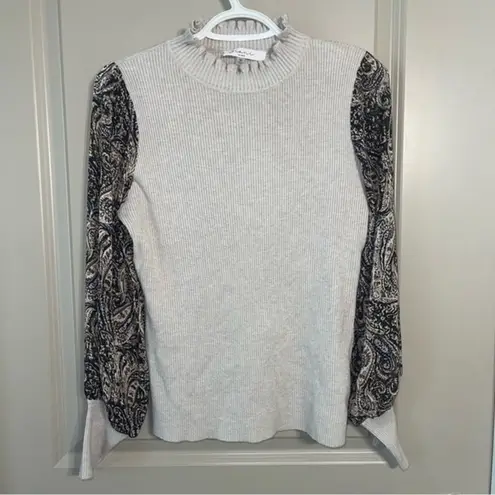 Sioni Milano Ribbed Mock Turtleneck‎ Sweater with Sheer Paisley Puff Sleeves Gray Size M