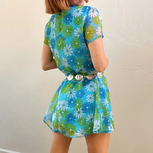 Vintage Blue  Daisy Floral Print Short Sleeve Mini Mod Dress