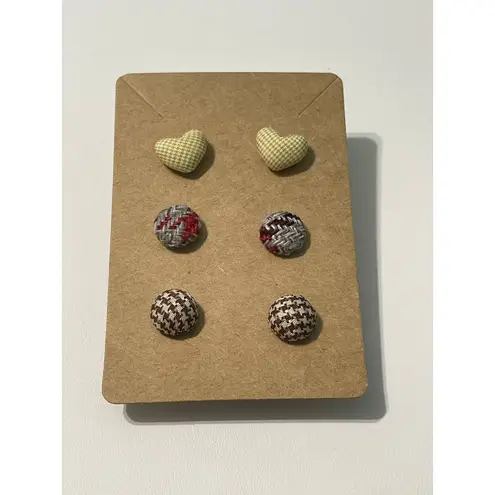 Fabric Covered Button Earring Stud Set Plaid Brown Brown