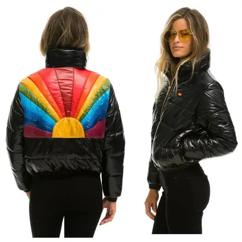 Aviator Nation  Sunburst Apres Glossy Black Puffer Jacket Size Medium