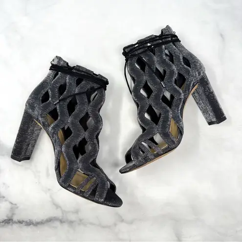 Alexandre Birman Loretta Metallic Caged Block Heel Sandal Booties Silver 38.5