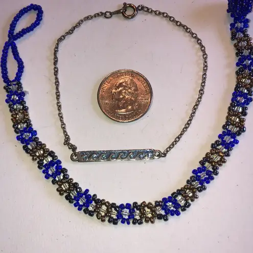 Lot of 2 Seed Bead Silver Tone Boho Ankle Bracelets Blue