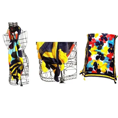 Vintage Flower Power Scarf Long Tassels 74 in L x 31 in W Rectangle Tabl… White