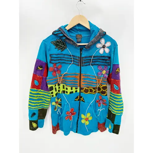 Rising International Womens Artsy Unique Full Zip Jacket Size S Boho Hippie Blue