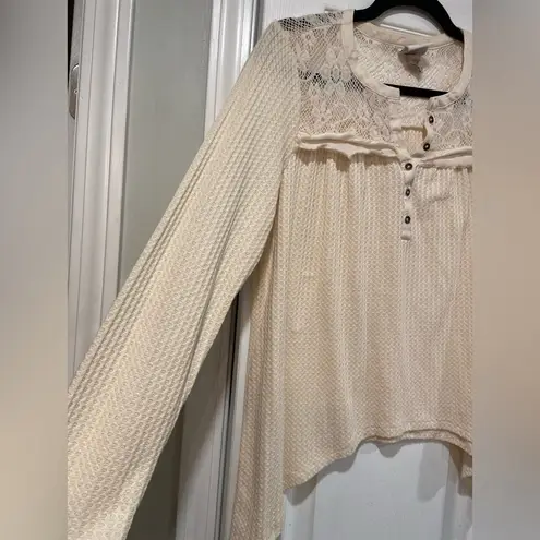 Knox Rose  Size M Cream Waffle Knit Lace Long Sleeve Henley Top Tunic Shirt