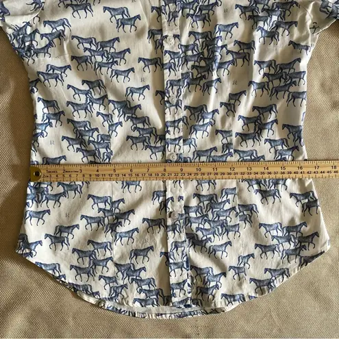Rönner Horse Print Blouse Sz 8 Equestrian Button Down Shirt Horse Lover Barn Blue