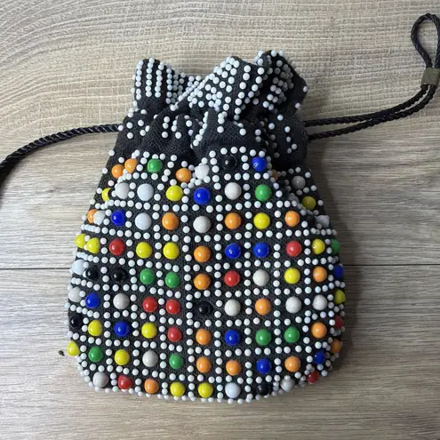 Black Beaded Drawstring Bag Pouch Clutch Multicolored Geometric Retro Y2K Vibe