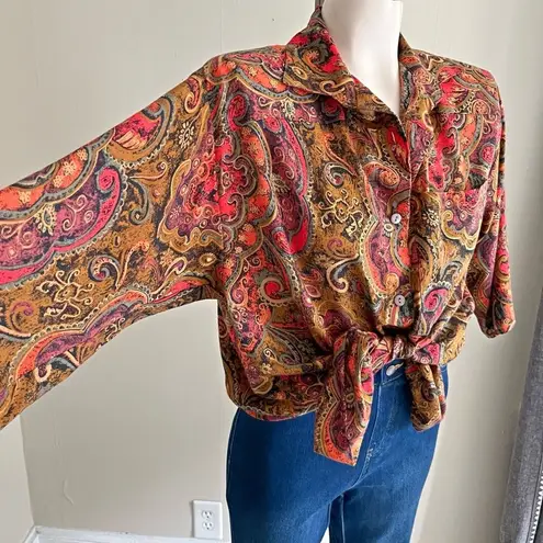 Vintage 70’s floral brown paisley retro wide sleeve button front shirt