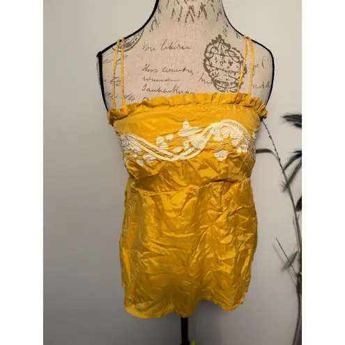 One Season Silk Embroidered Cami Top Ruffle Straps Yellow Size M Size M