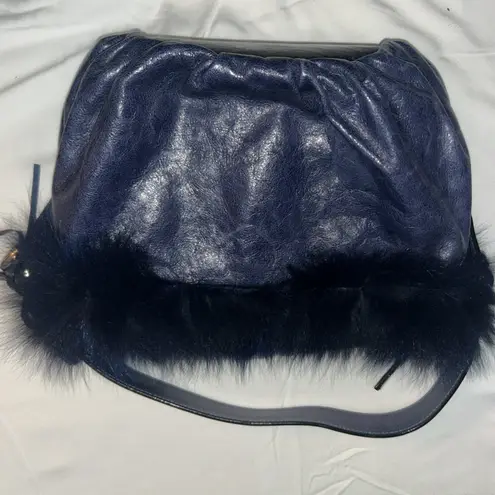 Vintage Castellari Navy Blue Leather & Fur Shoulder Bag, Y2K Dark Blue Italian
