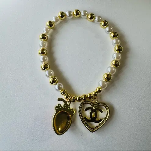 Gold and White Pearl Bracelet with Heart and Strawberry Charms Adjustable