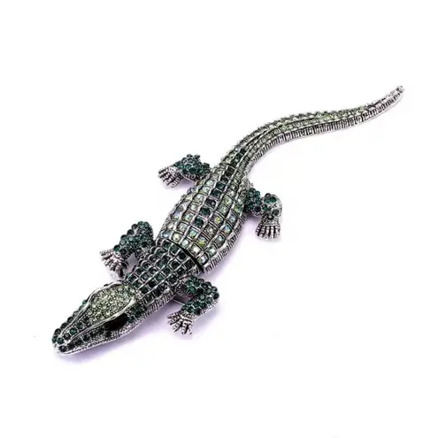Vintage Art Deco Style Green Crystal Large Crocodile Alligator Brooch Pin