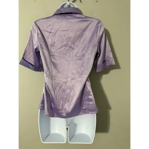 Camaieu Women's Lilac Satin Button Down Short Sleeve Shirt Blouse Size XS Purple