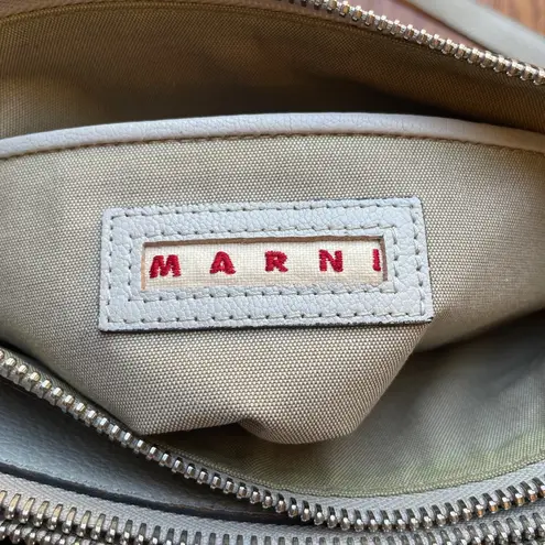 Marni Bandolier Crossbody Bag Gray Leather Silvertone Hardware Zip Top Messenger
