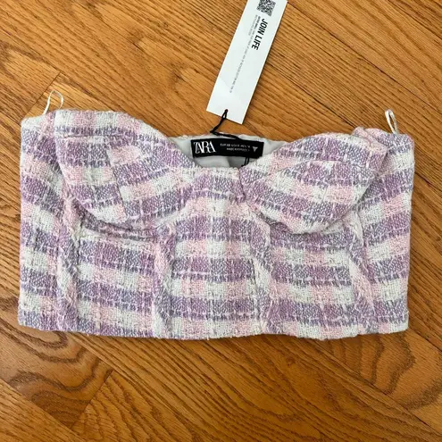 ZARA  Tweed Corset Crop Top Purple/Pink/White plaid pattern l Zip side and lined