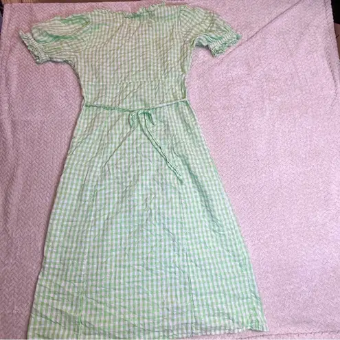 Miss Selfridge Green White Gingham Button down Midi Dress Tie back waist size 8