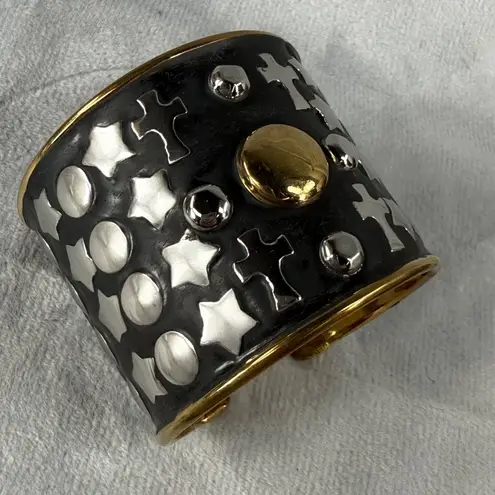 Gold Black Silver Tone Wide Cuff Bracelet Crosses Stars Circle Accents Open Back