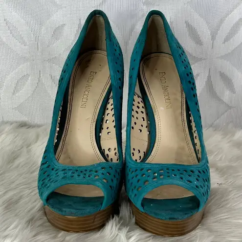 Enzo Angiolini 5 for $25| Sully Perforated Suede High Heels Teal Peep Toe Size 9