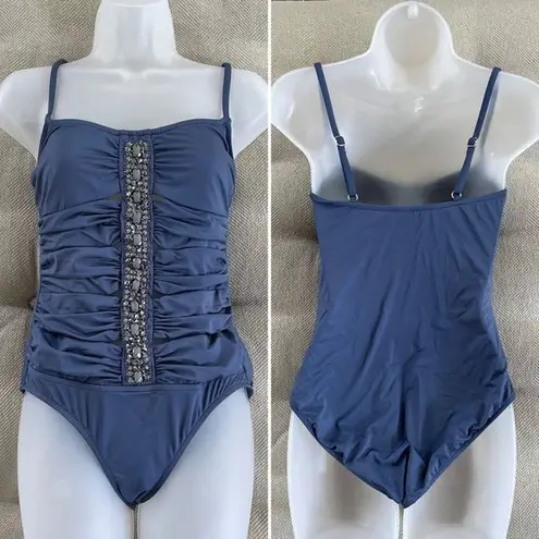 Badgley Mischka Slate Blue Bedazzled Cut Out One Piece Swimsuit 8