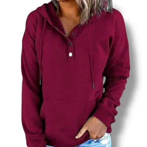 {NWOT} BURGUNDY BUTTON UP HOODIE W/KANGAROO POCKET Red Size XL