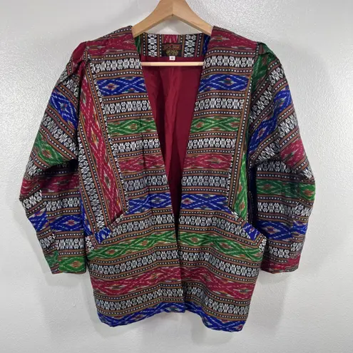 Villager Vintage Village Weaver Thai Silk Jacket Medium Boho Ikat Pattern Open Front Coat