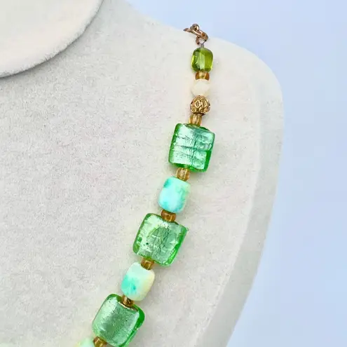 Handmade Green Art Glass Necklace Statement Beads Drop Pendant Toggle Clasp