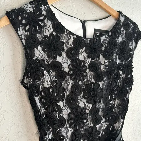 Alex Evenings Black Embellished Goth Cocktail Dress Wedding Ribbon Lace 3D Rose