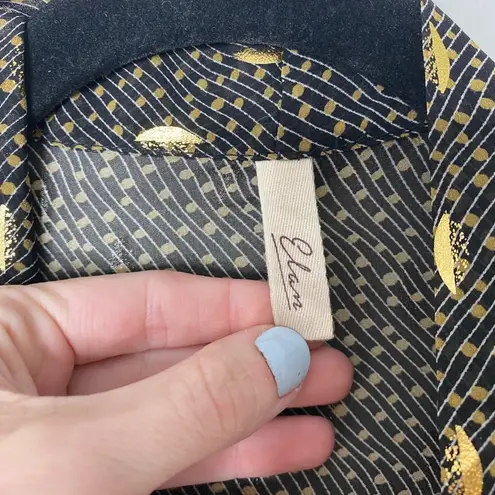 Elan Black Gold Metallic Feather Tie Neck Bow Button-up Bell Sleeve Dress Large